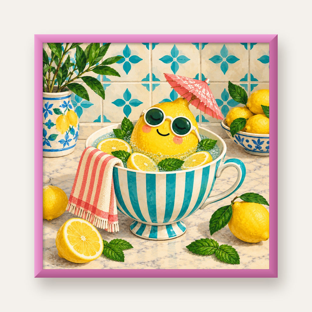 Limon Banyosu Renkli Mutfak Posteri — pembe çerçeveli