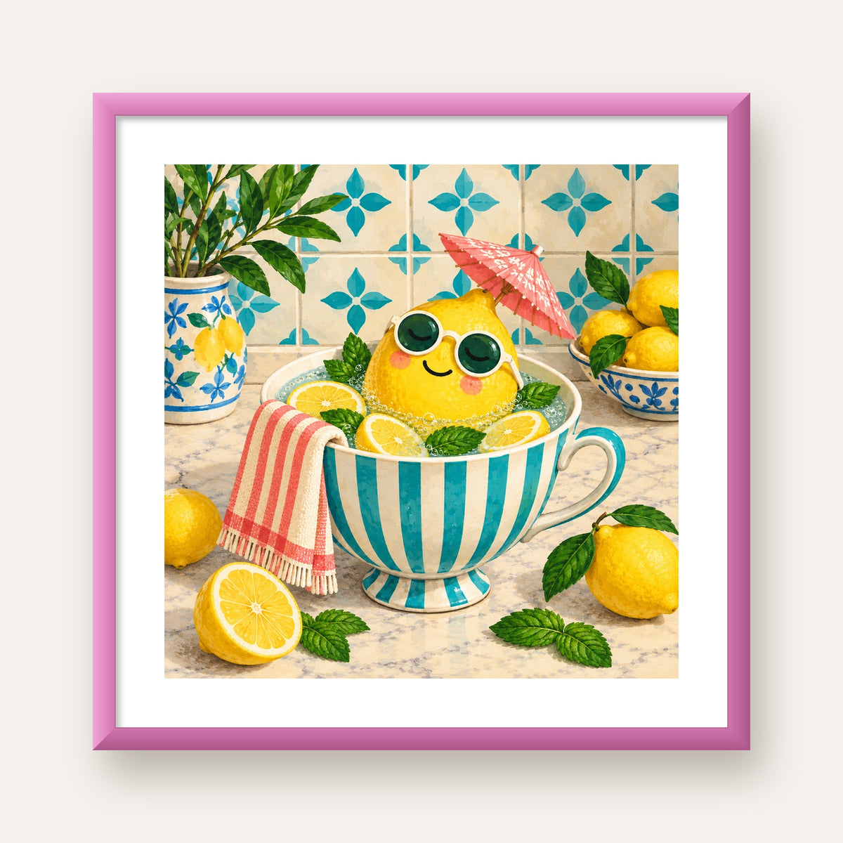 Limon Banyosu Renkli Mutfak Posteri — pembe çerçeveli paspartulu