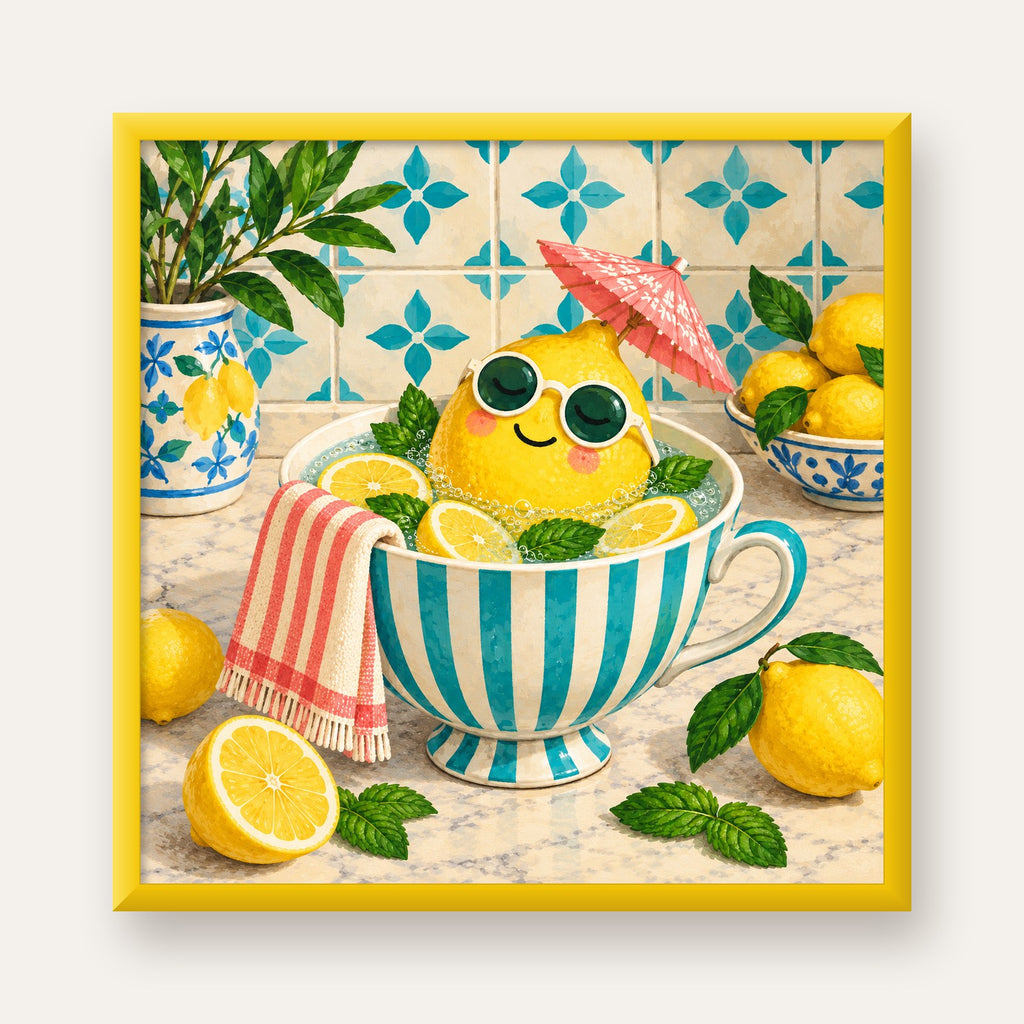 Limon Banyosu Renkli Mutfak Posteri — sarı çerçeveli