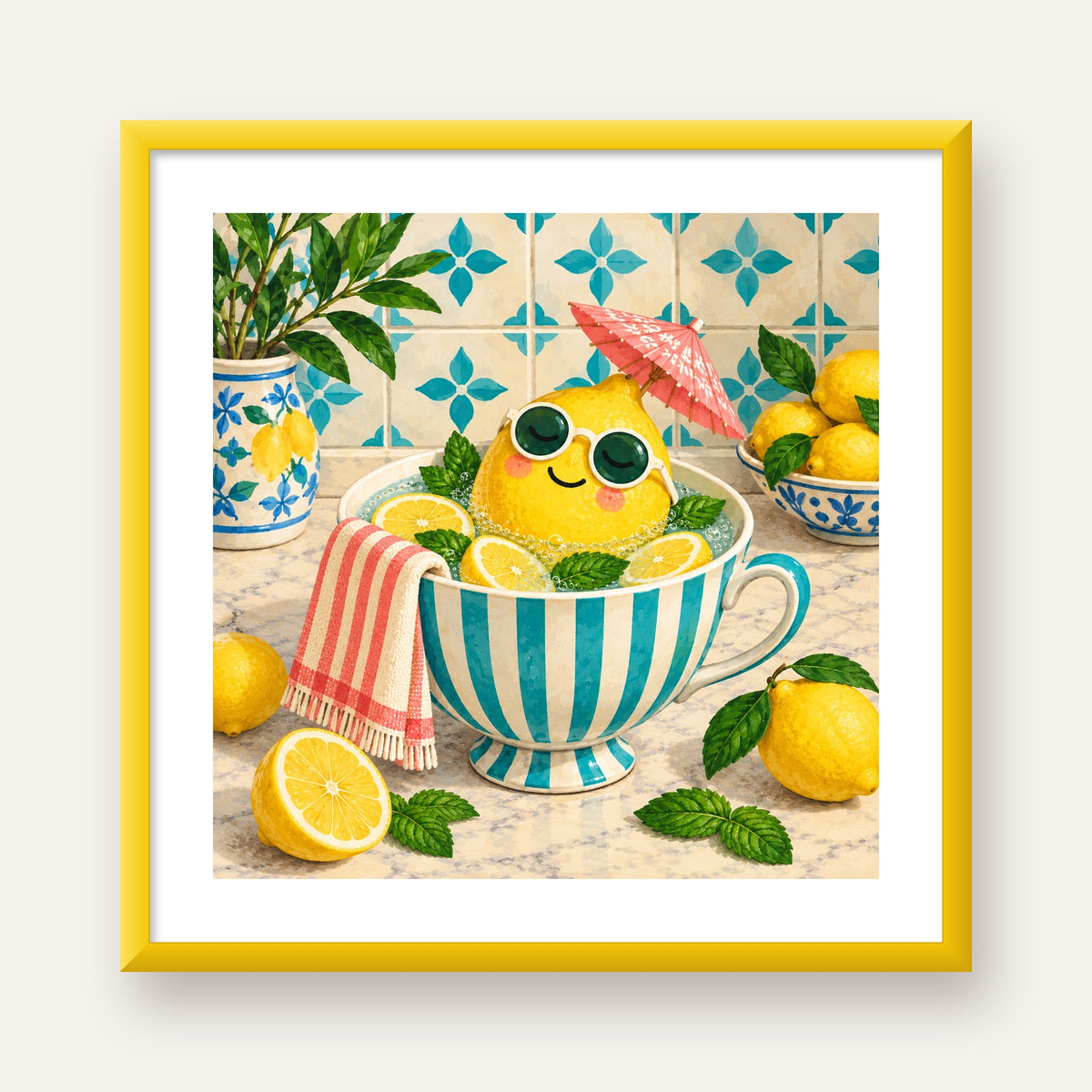 Limon Banyosu Renkli Mutfak Posteri — sarı çerçeveli paspartulu