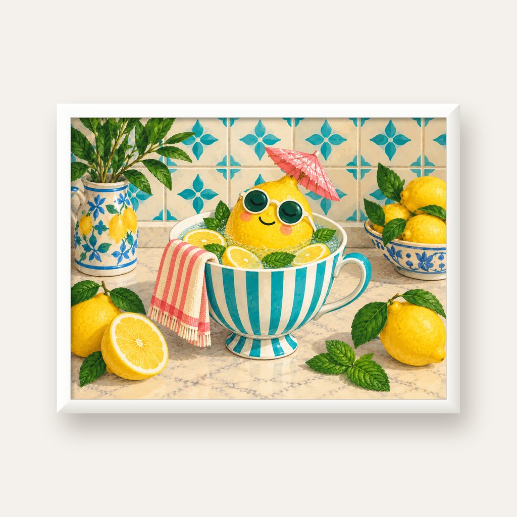 Limon Banyosu Renkli Mutfak Posteri — beyaz çerçeveli yatay poster