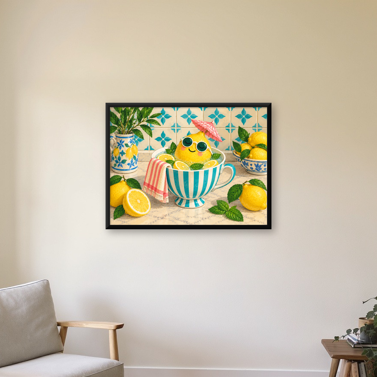 Sevimli Limon ve Çay Fincanı Poster – Akdeniz Tarzı Dekor — Yatay baskı, çerçeveli hâliyle bir ev duvarında