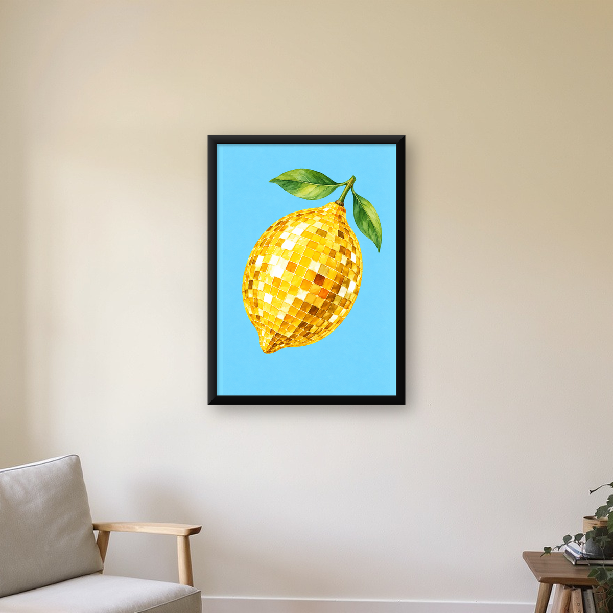 Ayna Mozaik Limon İllüstrasyon Poster – Suluboya Sanat Baskısı — Dikey baskı, çerçeveli hâliyle bir ev duvarında