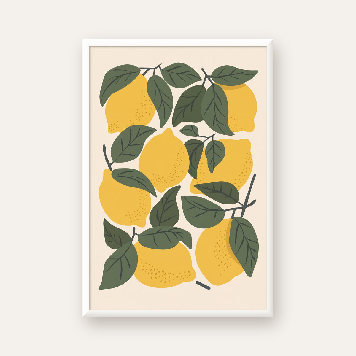 Limon ve Yaprak Dijital Poster – Canlı Doğal Desen — beyaz çerçeveli dikey poster