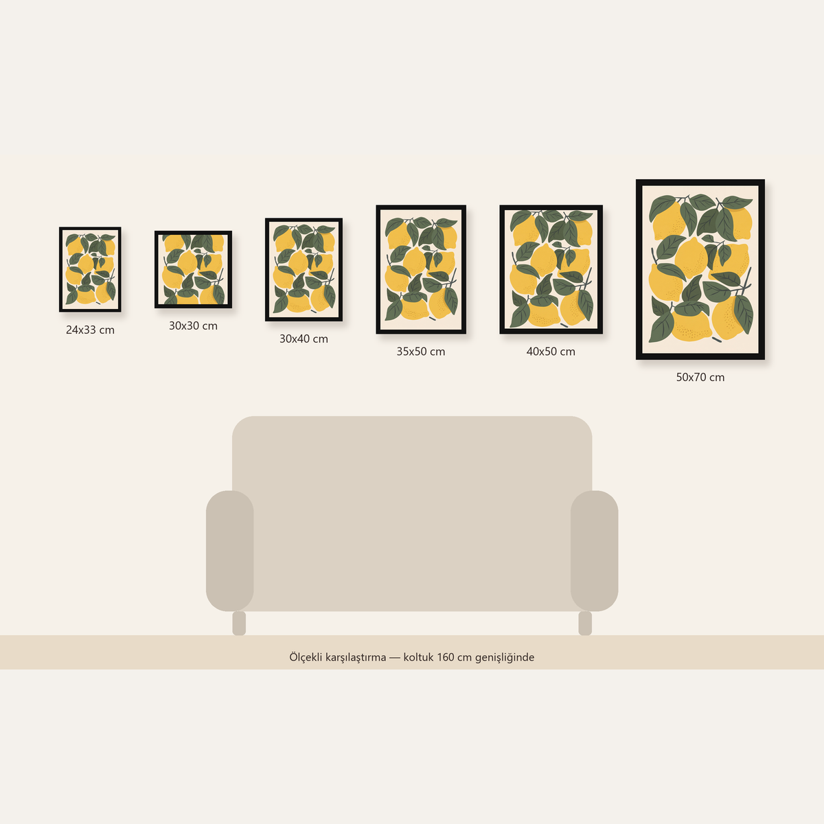 Limon ve Yaprak Dijital Poster – Canlı Doğal Desen — 24×33 cm'den 50×70 cm'e, altı ölçünün karşılaştırması