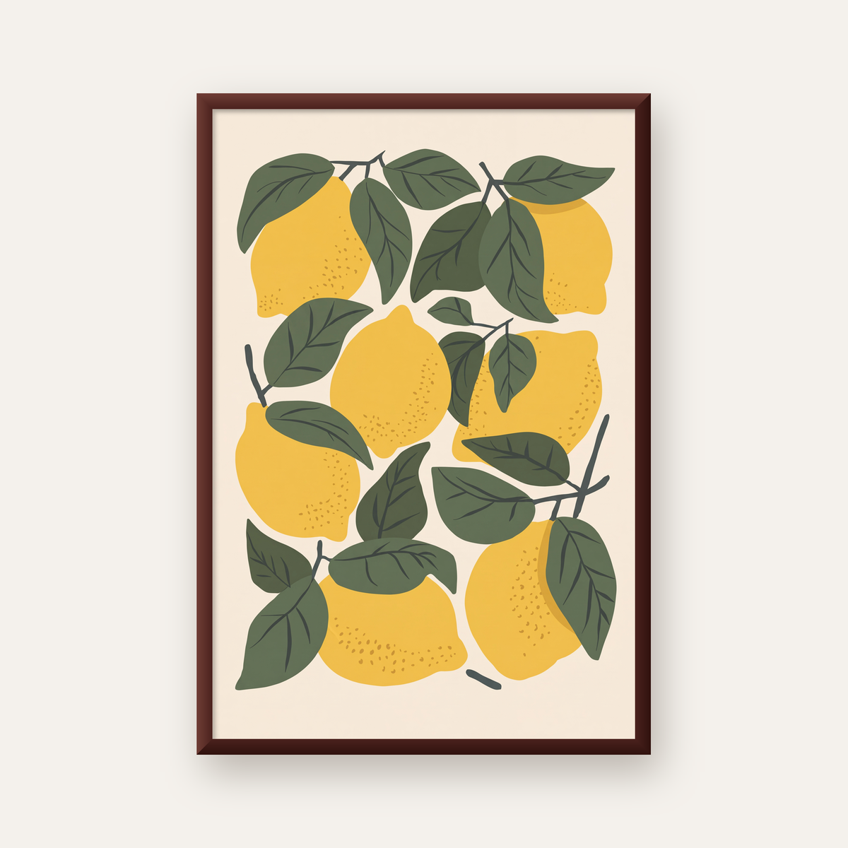 Limon ve Yaprak Dijital Poster – Canlı Doğal Desen — ceviz çerçeveli