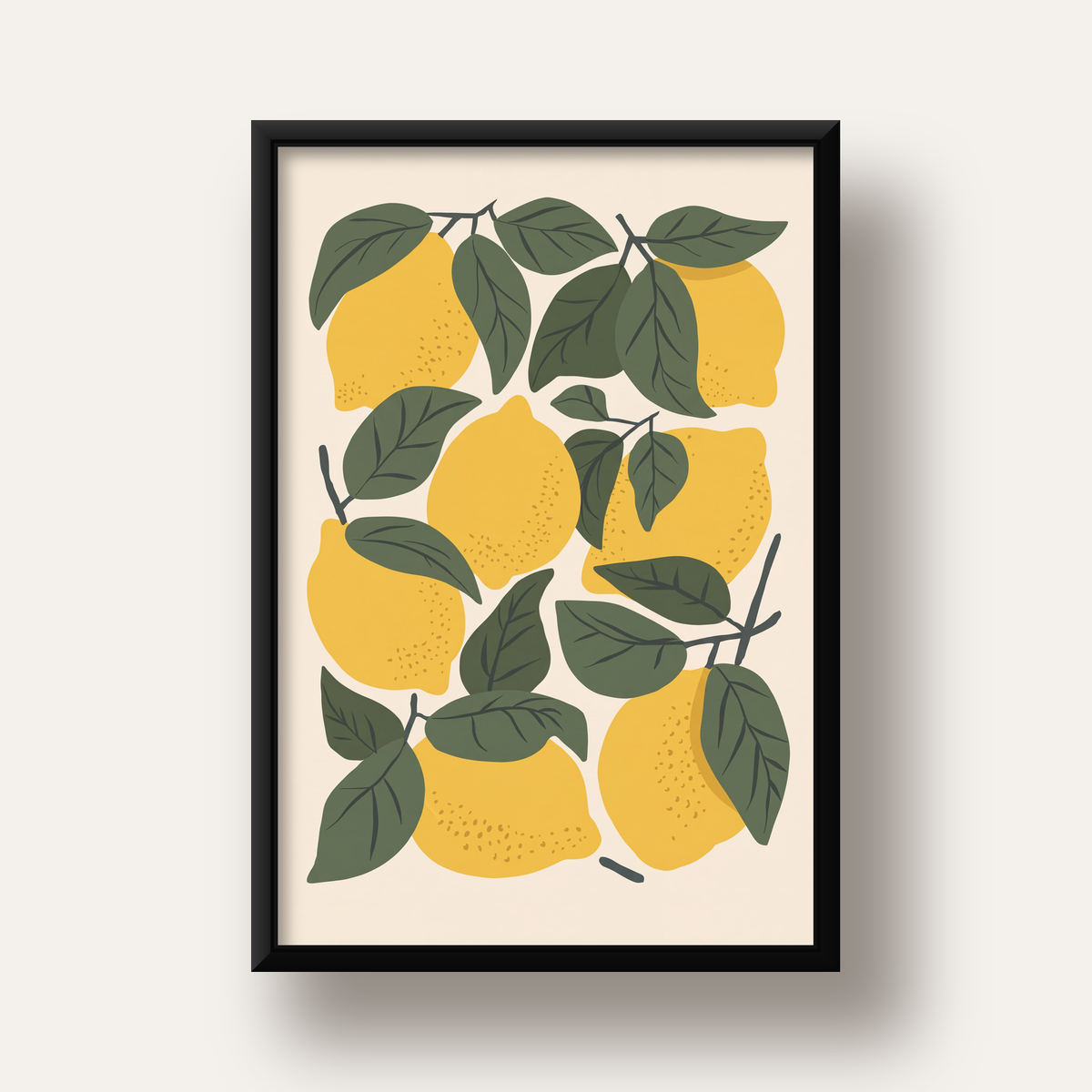 Limon ve Yaprak Dijital Poster – Canlı Doğal Desen — siyah derin çerçeveli