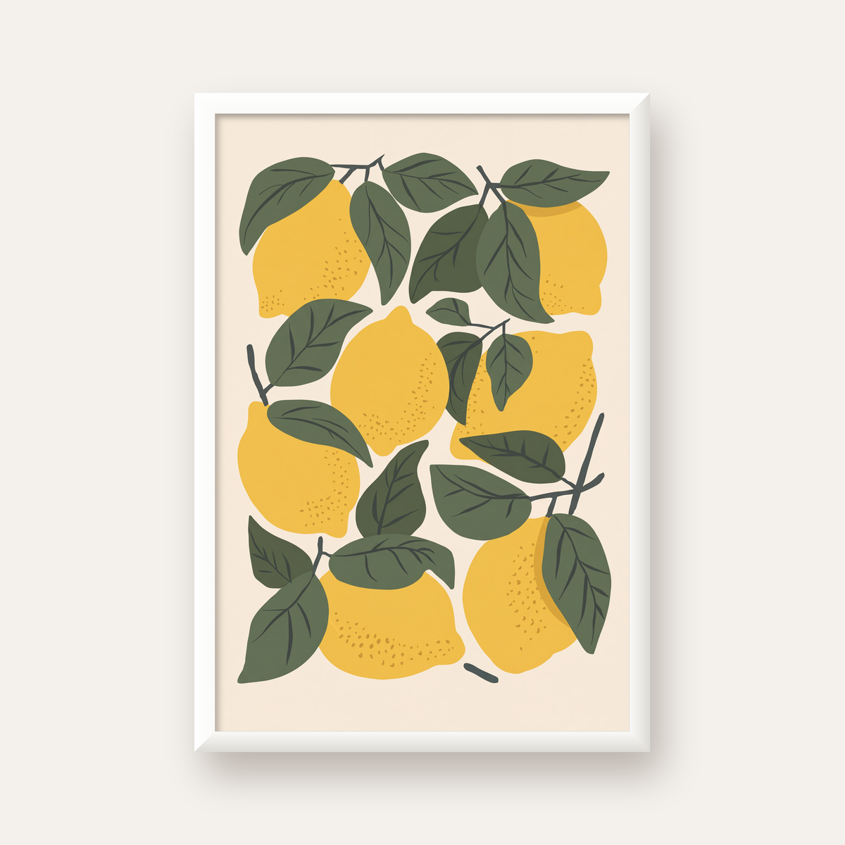 Limon ve Yaprak Dijital Poster – Canlı Doğal Desen — beyaz çerçeveli dikey poster