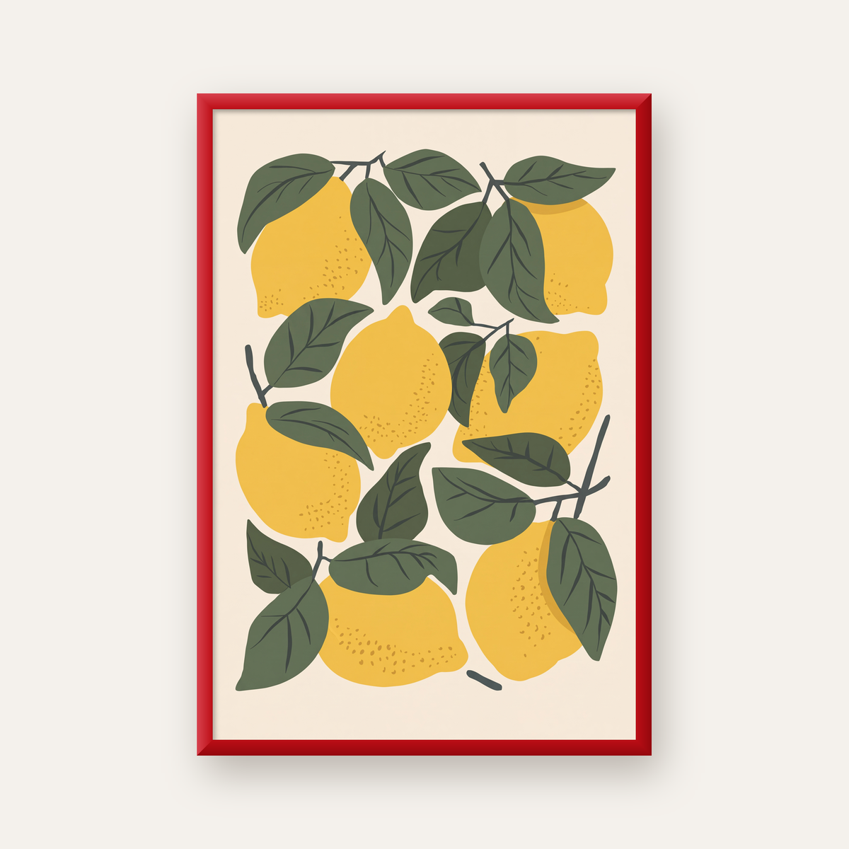 Limon ve Yaprak Dijital Poster – Canlı Doğal Desen — kırmızı çerçeveli