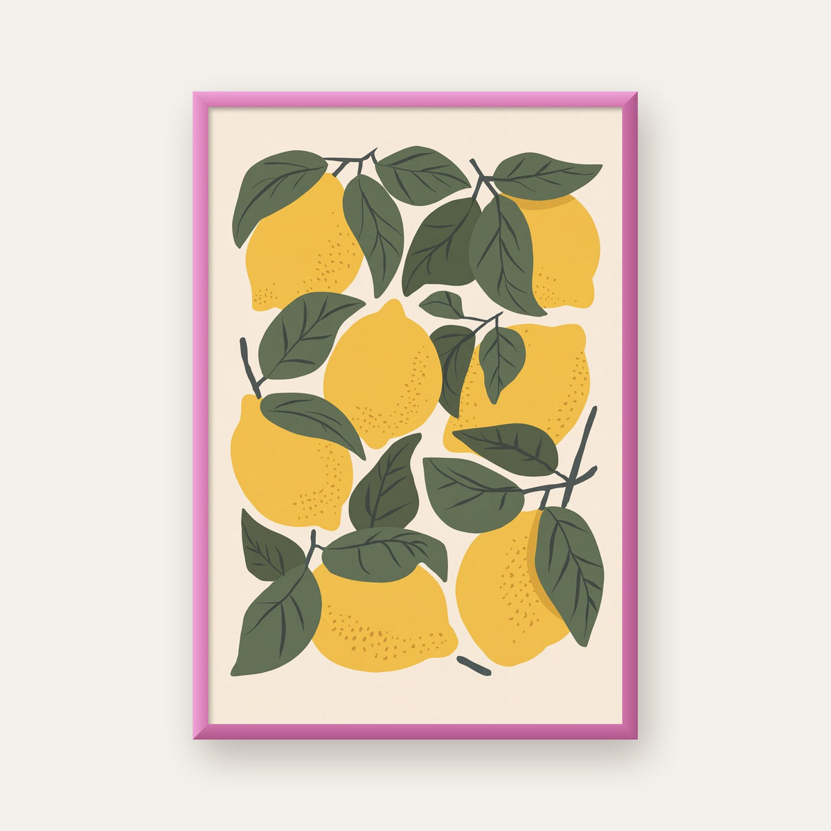Limon ve Yaprak Dijital Poster – Canlı Doğal Desen — pembe çerçeveli