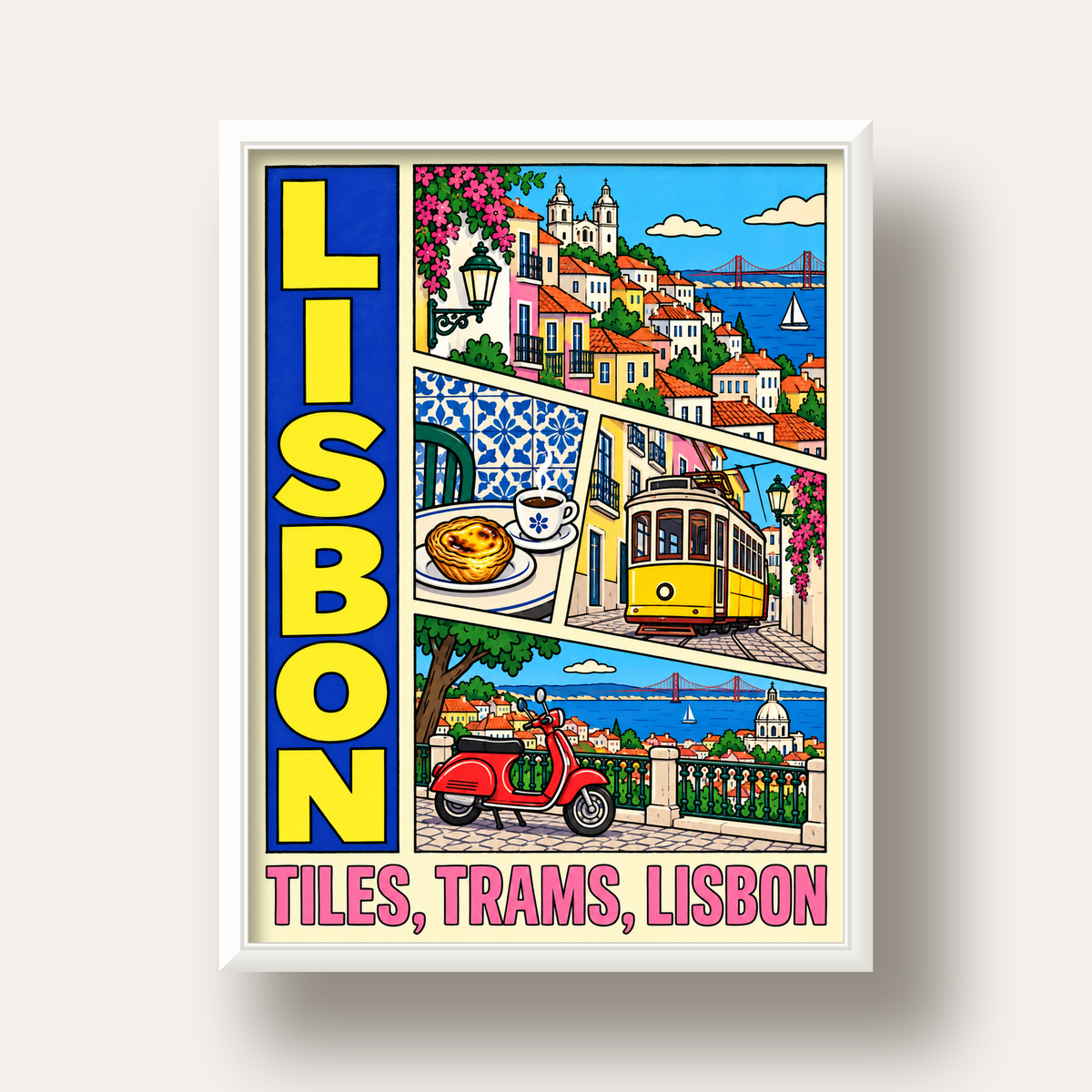 Lizbon Şehri Manzarası Çizgi Roman Stil Poster — beyaz derin çerçeveli