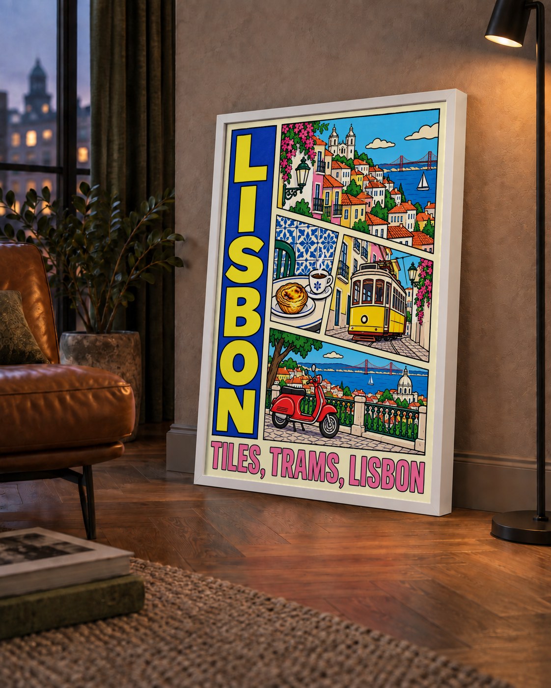 Lizbon Şehri Manzarası Çizgi Roman Stil Poster — çerçeveli hâliyle bir ev duvarında