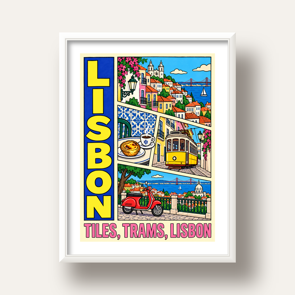 Lizbon Şehri Manzarası Çizgi Roman Stil Poster — beyaz derin çerçeveli paspartulu
