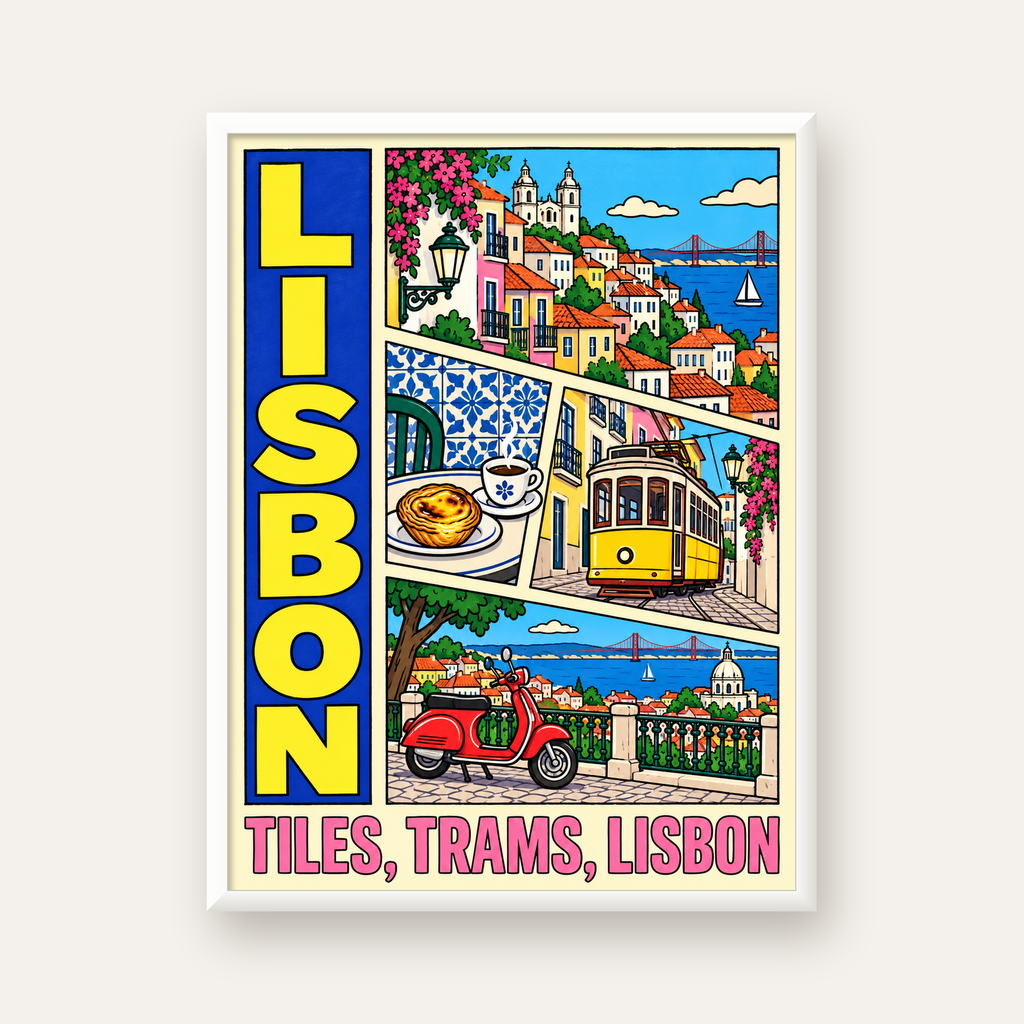 Lizbon Şehri Manzarası Çizgi Roman Stil Poster — beyaz çerçeveli dikey poster