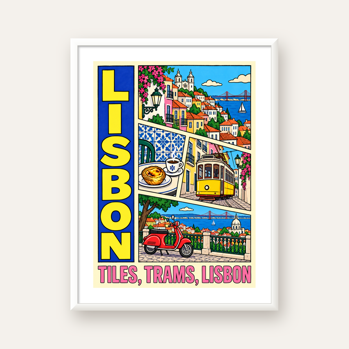 Lizbon Şehri Manzarası Çizgi Roman Stil Poster — beyaz çerçeveli dikey poster