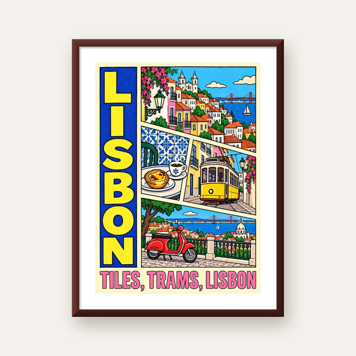 Lizbon Şehri Manzarası Çizgi Roman Stil Poster — ceviz çerçeveli paspartulu