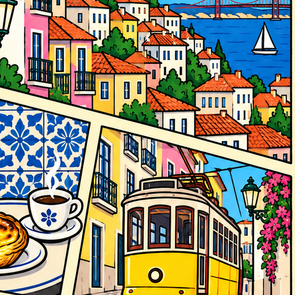 Lizbon Şehri Manzarası Çizgi Roman Stil Poster — baskının yakın çekimi, kâğıt dokusu ve renk detayı