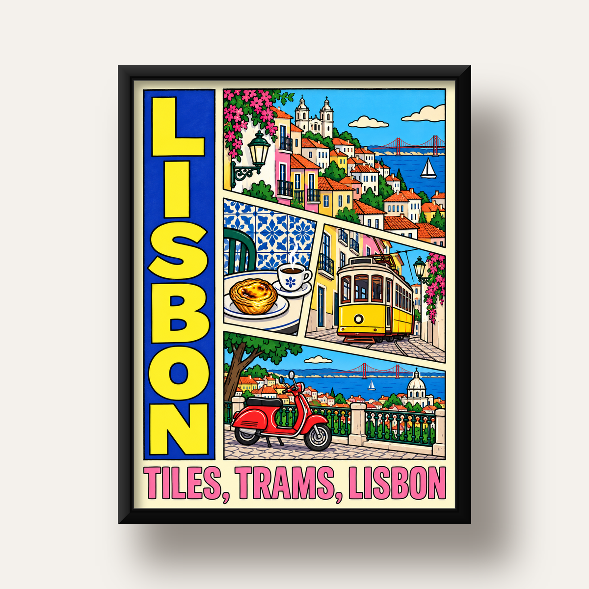 Lizbon Şehri Manzarası Çizgi Roman Stil Poster — siyah derin çerçeveli