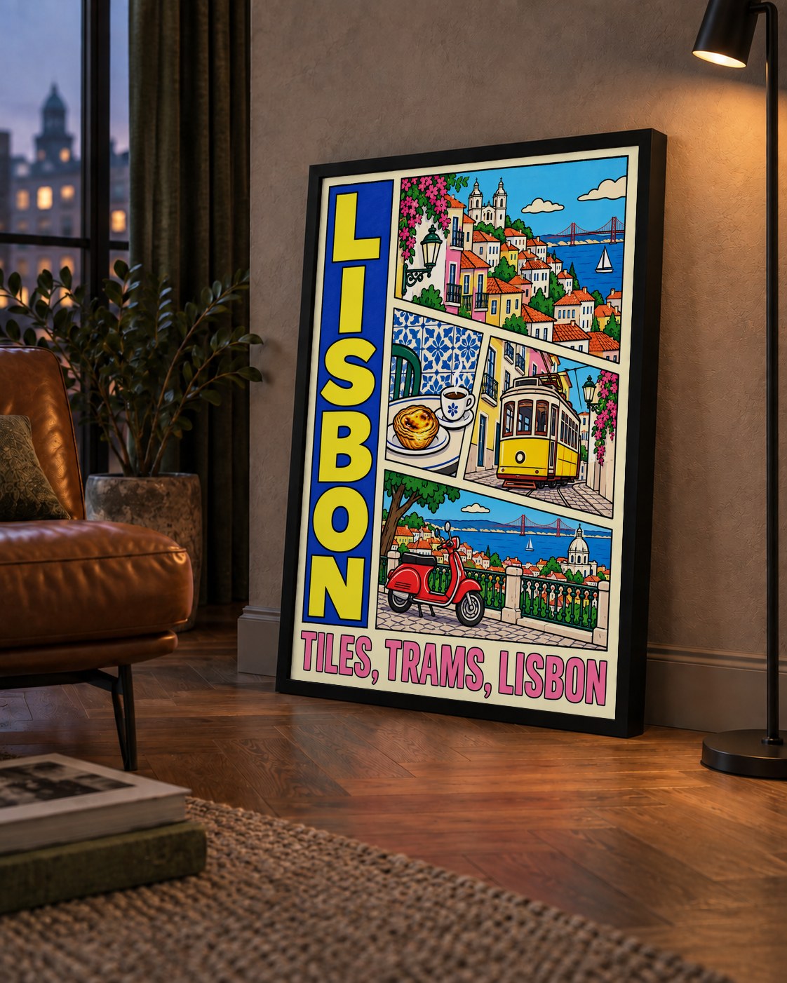 Lizbon Şehri Manzarası Çizgi Roman Stil Poster — çerçeveli hâliyle bir ev duvarında