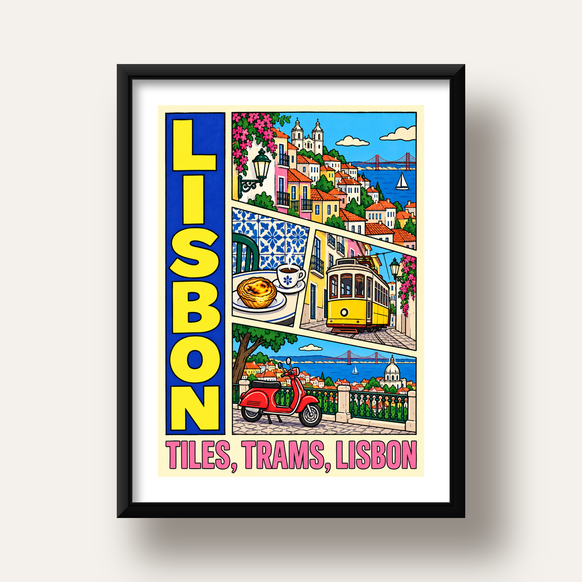 Lizbon Şehri Manzarası Çizgi Roman Stil Poster — siyah derin çerçeveli paspartulu