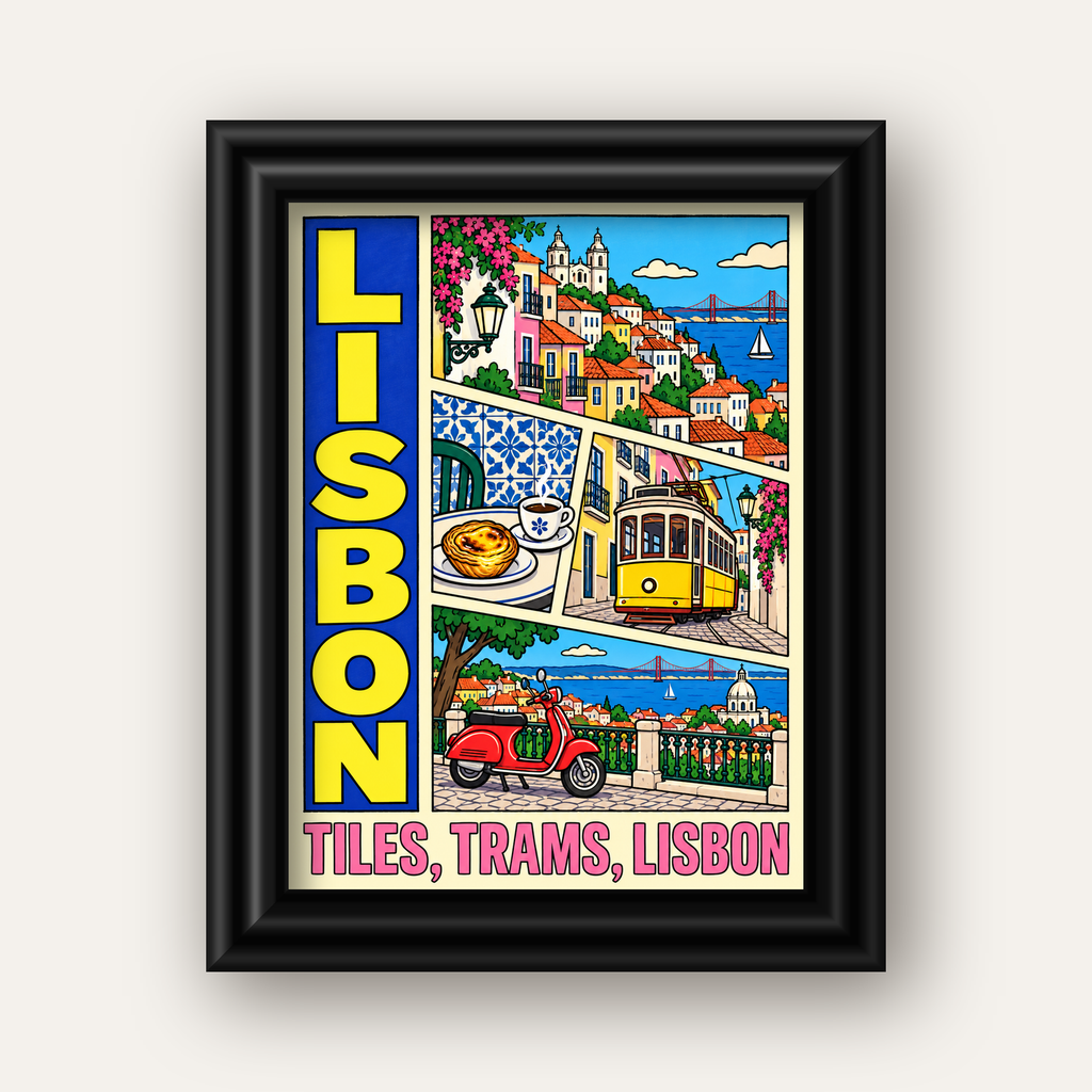 Lizbon Şehri Manzarası Çizgi Roman Stil Poster — siyah galeri çerçeveli