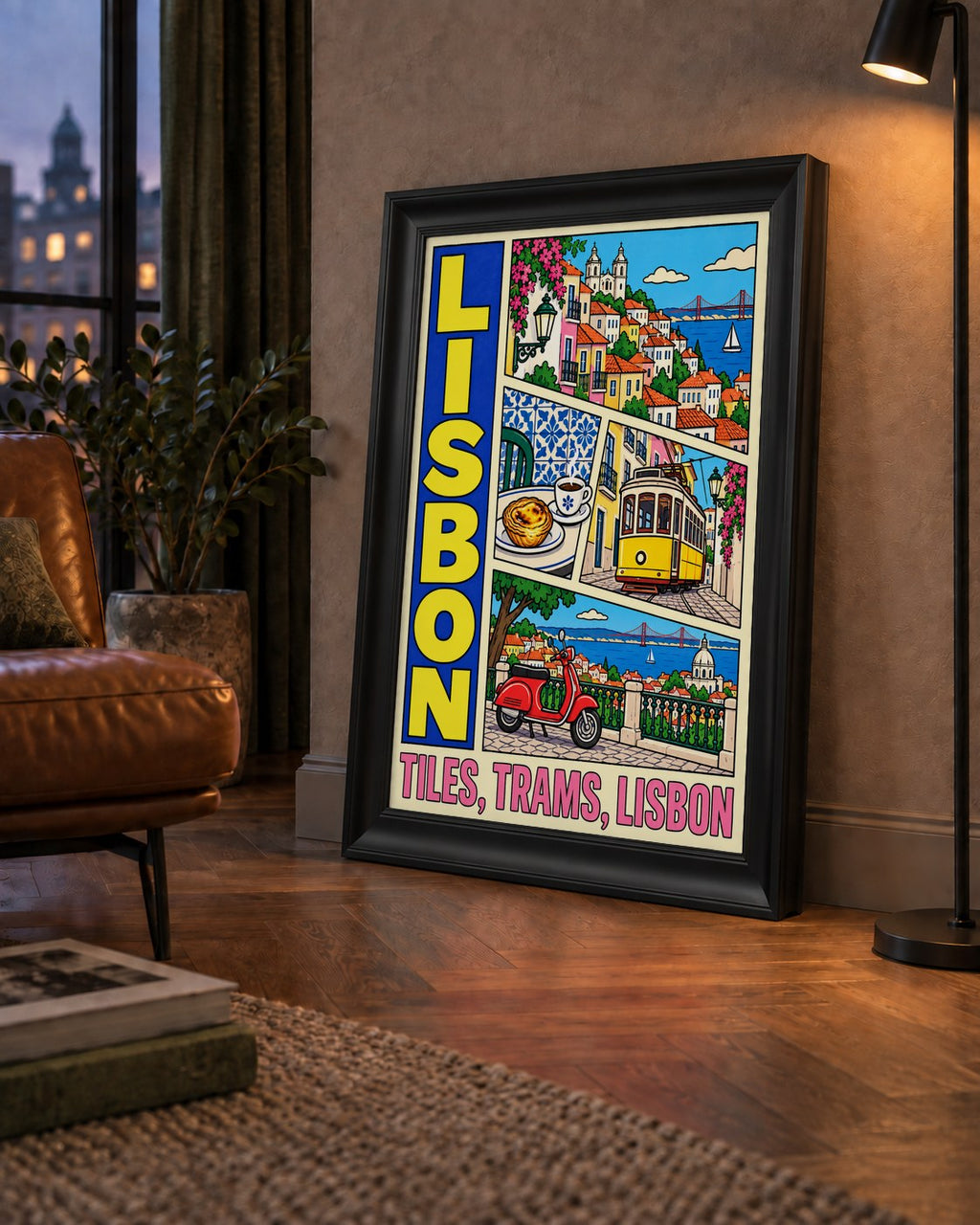 Lizbon Şehri Manzarası Çizgi Roman Stil Poster — çerçeveli hâliyle bir ev duvarında