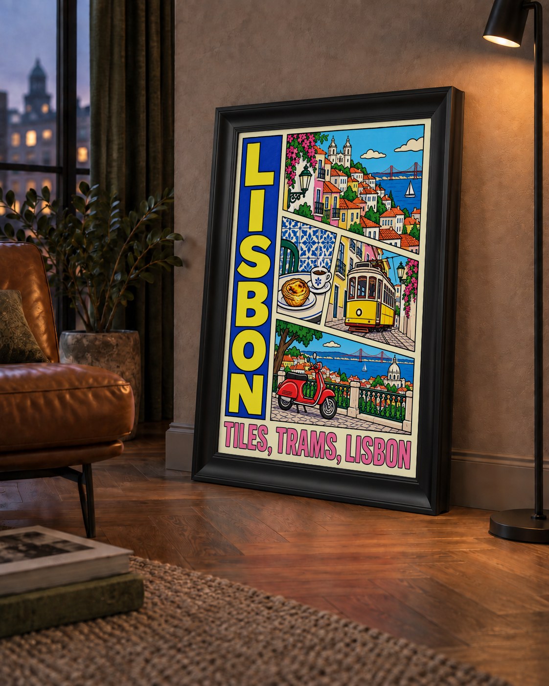 Lizbon Şehri Manzarası Çizgi Roman Stil Poster — çerçeveli hâliyle bir ev duvarında