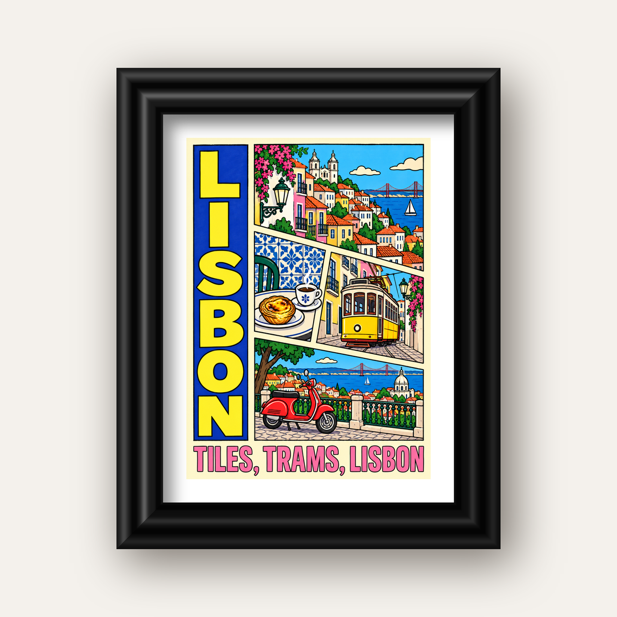 Lizbon Şehri Manzarası Çizgi Roman Stil Poster — siyah galeri çerçeveli paspartulu