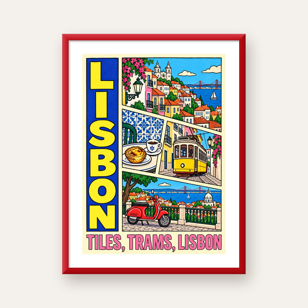 Lizbon Şehri Manzarası Çizgi Roman Stil Poster — kırmızı çerçeveli paspartulu