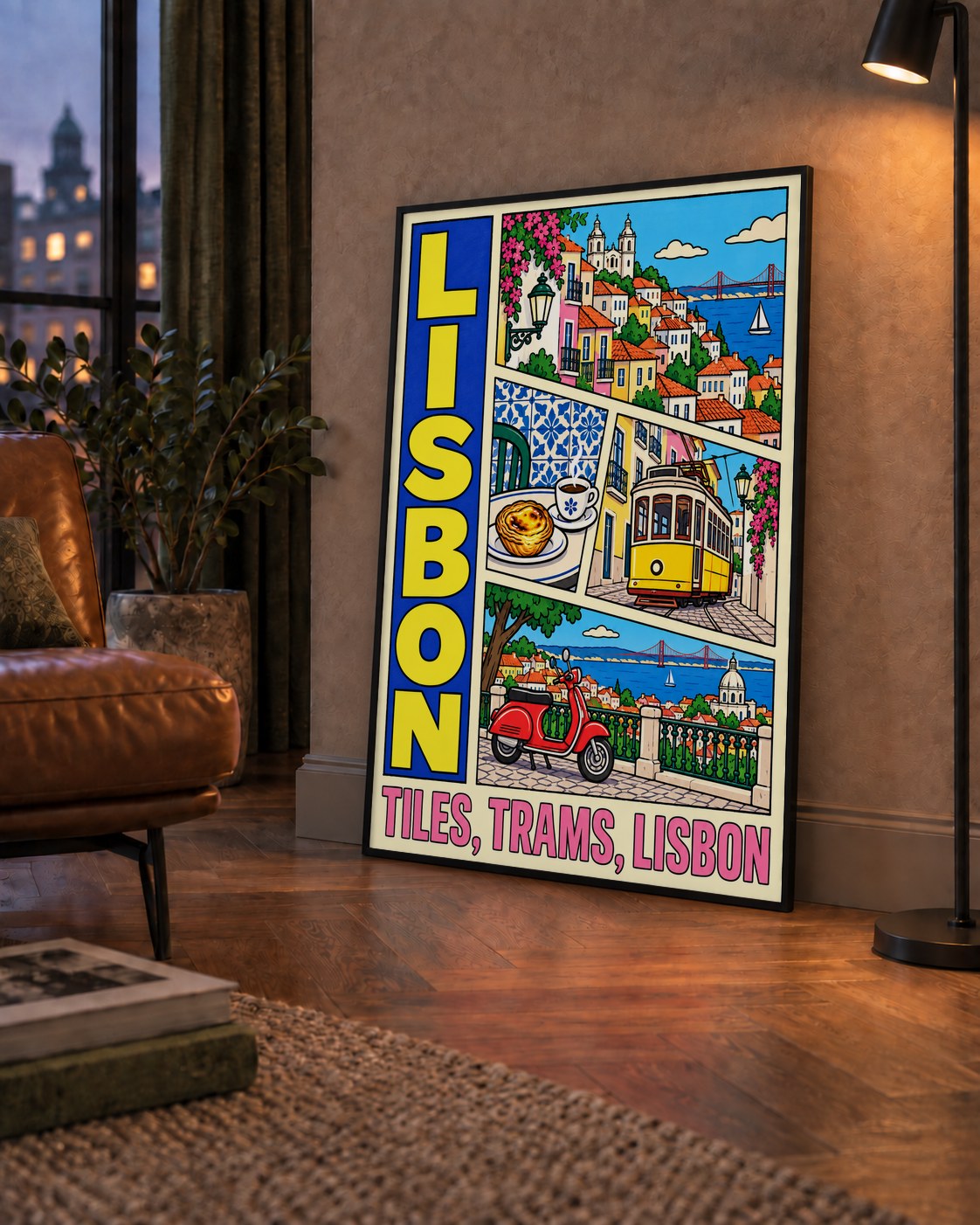 Lizbon Şehri Manzarası Çizgi Roman Stil Poster — çerçeveli hâliyle bir ev duvarında