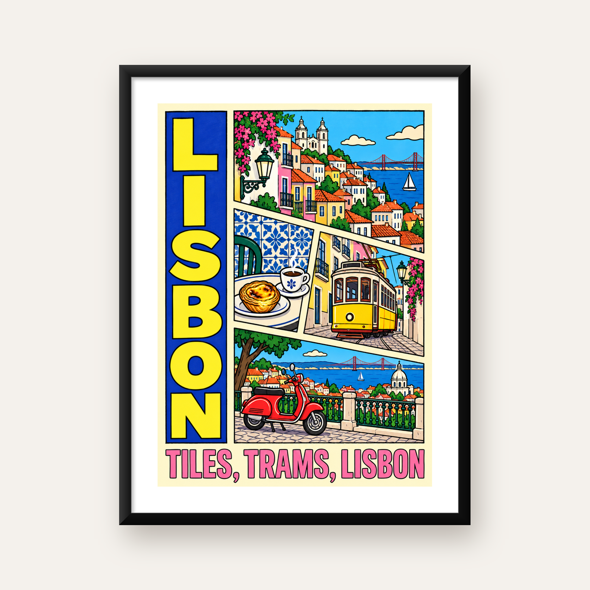 Lizbon Şehri Manzarası Çizgi Roman Stil Poster — Dikey baskı, beyaz paspartulu
