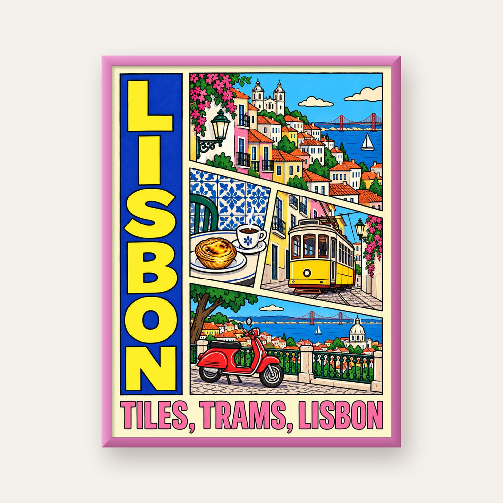 Lizbon Şehri Manzarası Çizgi Roman Stil Poster — pembe çerçeveli