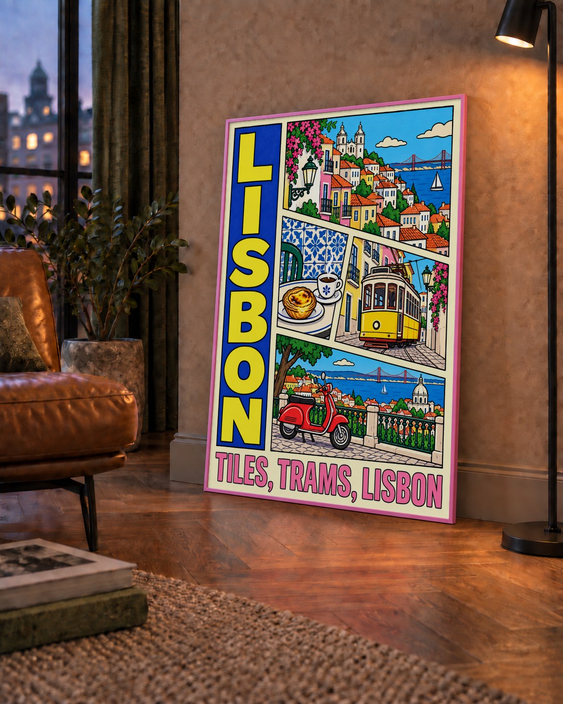 Lizbon Şehri Manzarası Çizgi Roman Stil Poster — çerçeveli hâliyle bir ev duvarında