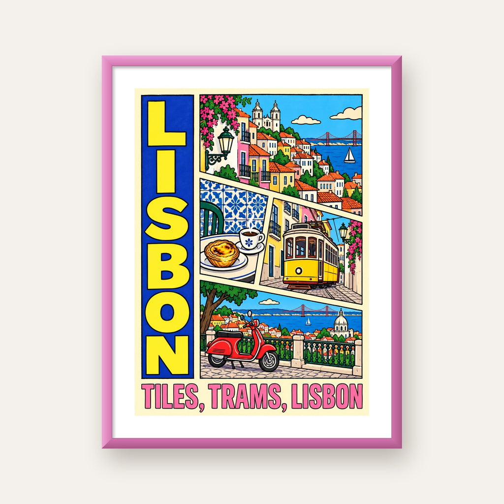 Lizbon Şehri Manzarası Çizgi Roman Stil Poster — pembe çerçeveli paspartulu