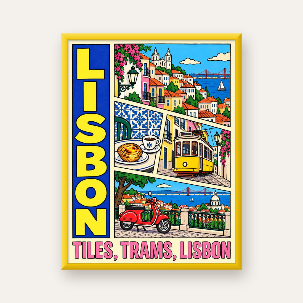 Lizbon Şehri Manzarası Çizgi Roman Stil Poster — sarı çerçeveli