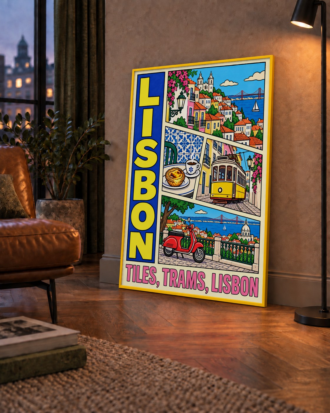 Lizbon Şehri Manzarası Çizgi Roman Stil Poster — çerçeveli hâliyle bir ev duvarında
