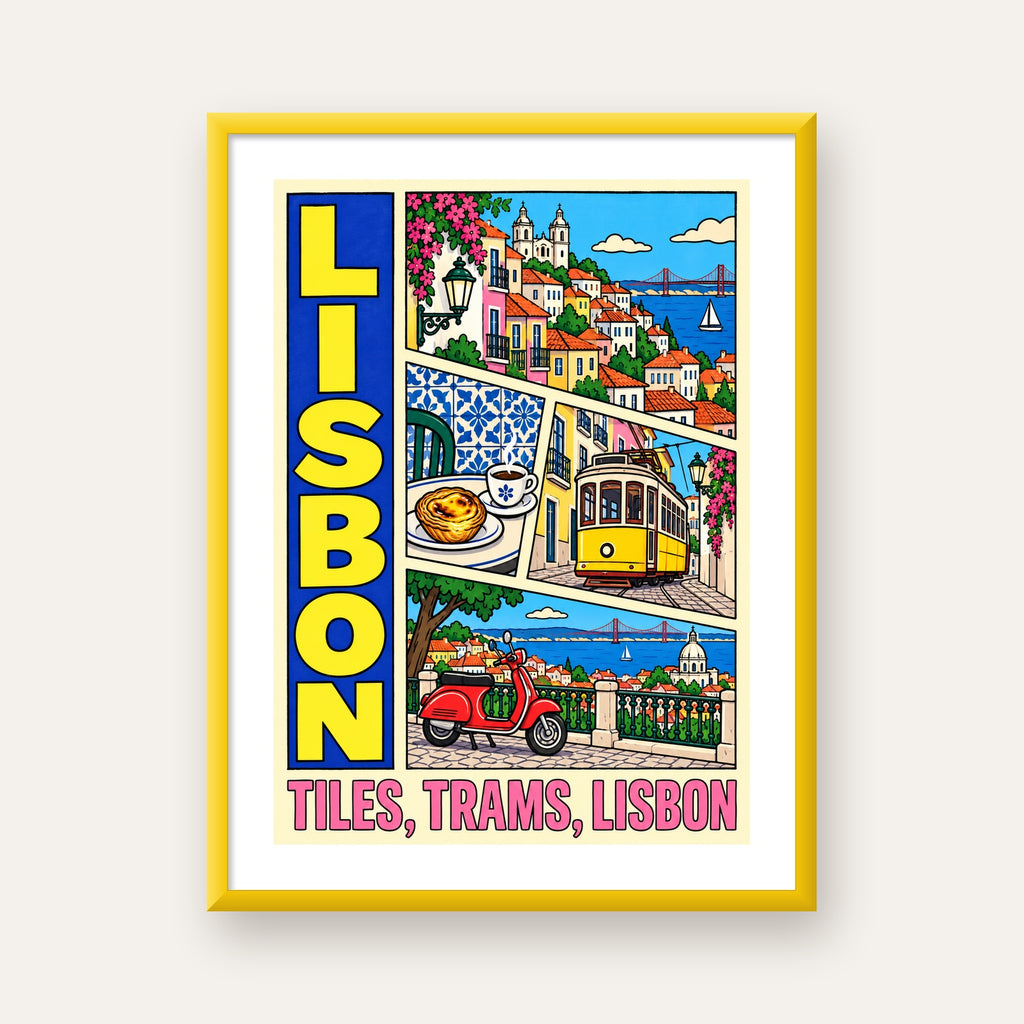 Lizbon Şehri Manzarası Çizgi Roman Stil Poster — sarı çerçeveli paspartulu