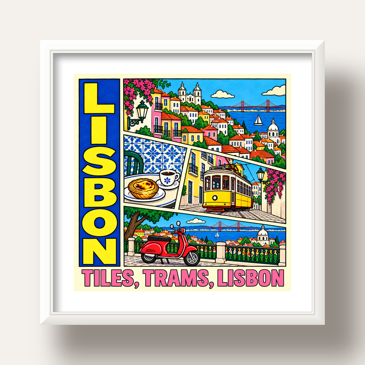 Lizbon Şehri Manzarası Çizgi Roman Stil Poster — beyaz derin çerçeveli paspartulu