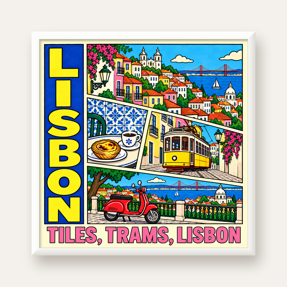 Lizbon Şehri Manzarası Çizgi Roman Stil Poster — beyaz çerçeveli kare poster