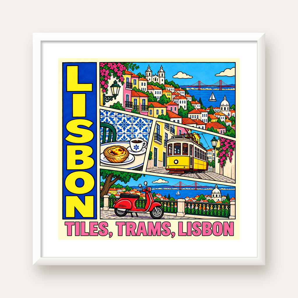 Lizbon Şehri Manzarası Çizgi Roman Stil Poster — beyaz çerçeveli kare poster