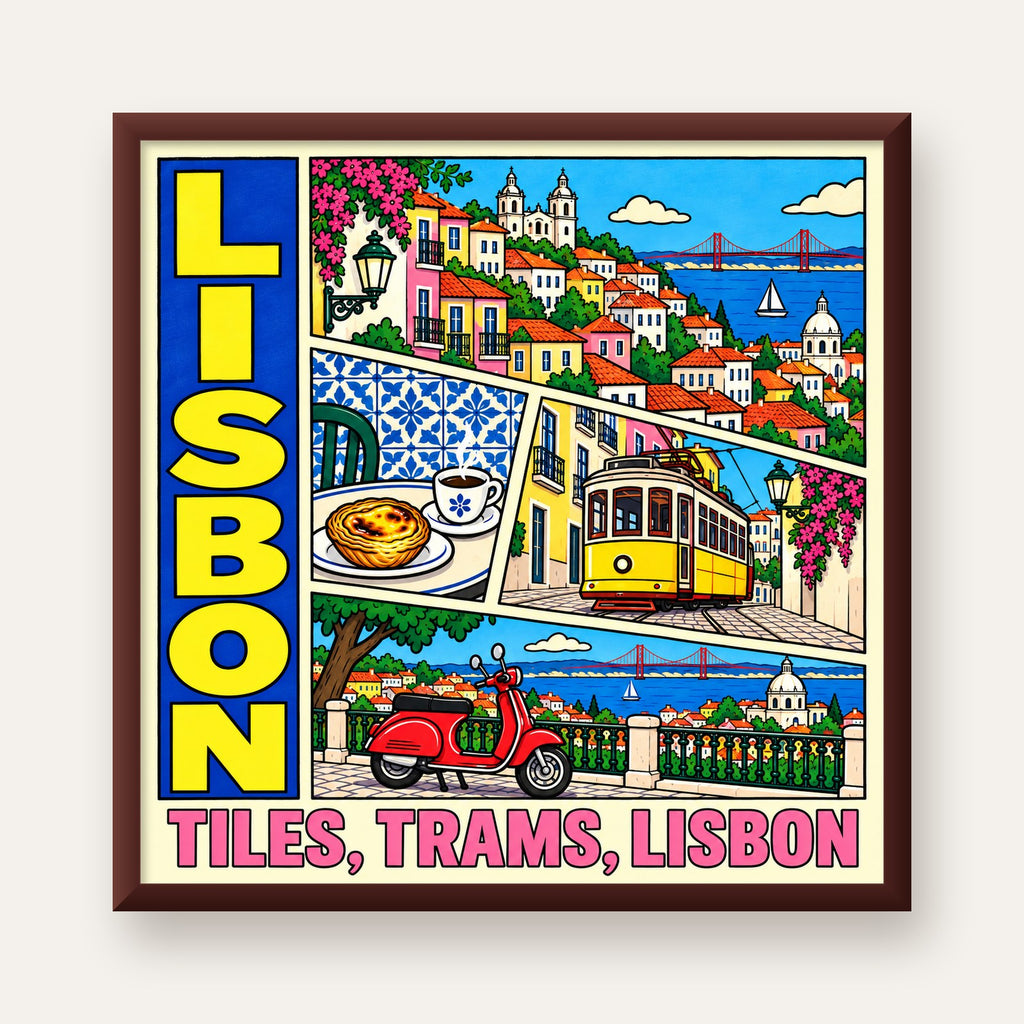 Lizbon Şehri Manzarası Çizgi Roman Stil Poster — ceviz çerçeveli
