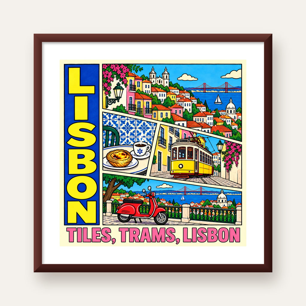 Lizbon Şehri Manzarası Çizgi Roman Stil Poster — ceviz çerçeveli paspartulu