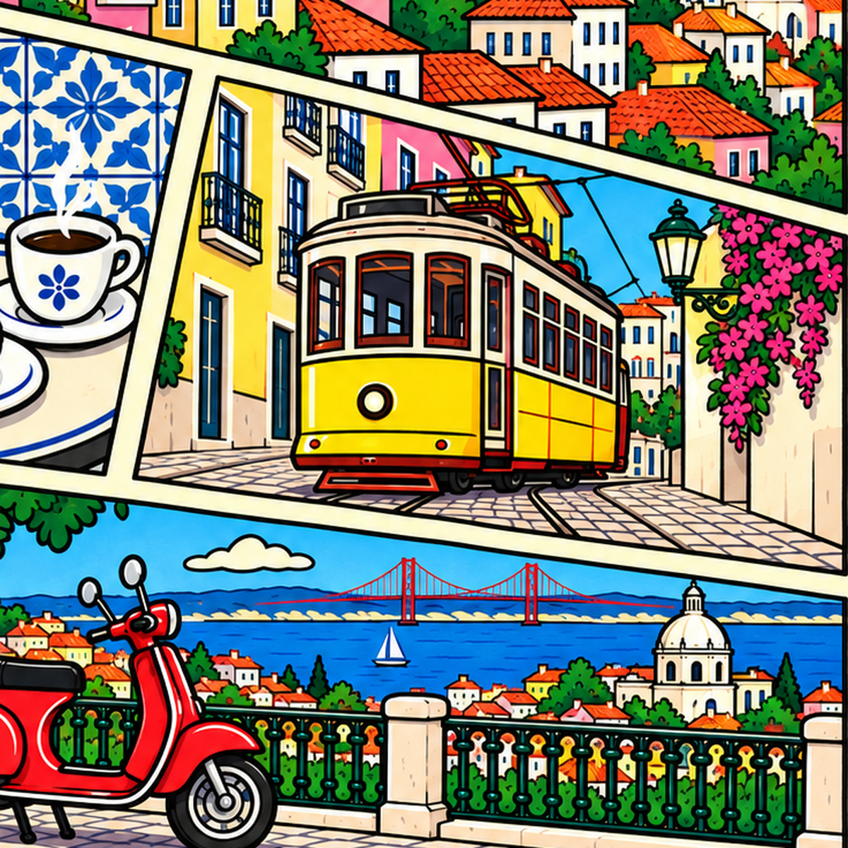 Lizbon Şehri Manzarası Çizgi Roman Stil Poster — baskının yakın çekimi, kâğıt dokusu ve renk detayı