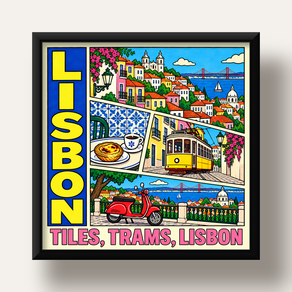 Lizbon Şehri Manzarası Çizgi Roman Stil Poster — siyah derin çerçeveli