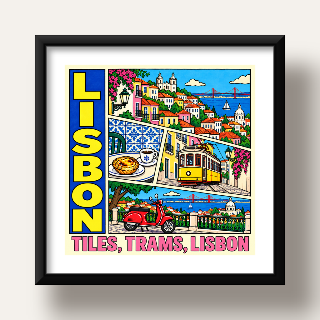 Lizbon Şehri Manzarası Çizgi Roman Stil Poster — siyah derin çerçeveli paspartulu