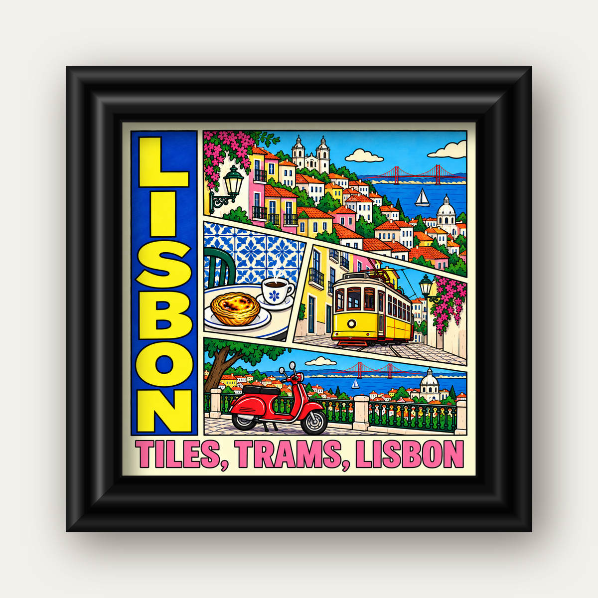 Lizbon Şehri Manzarası Çizgi Roman Stil Poster — siyah galeri çerçeveli