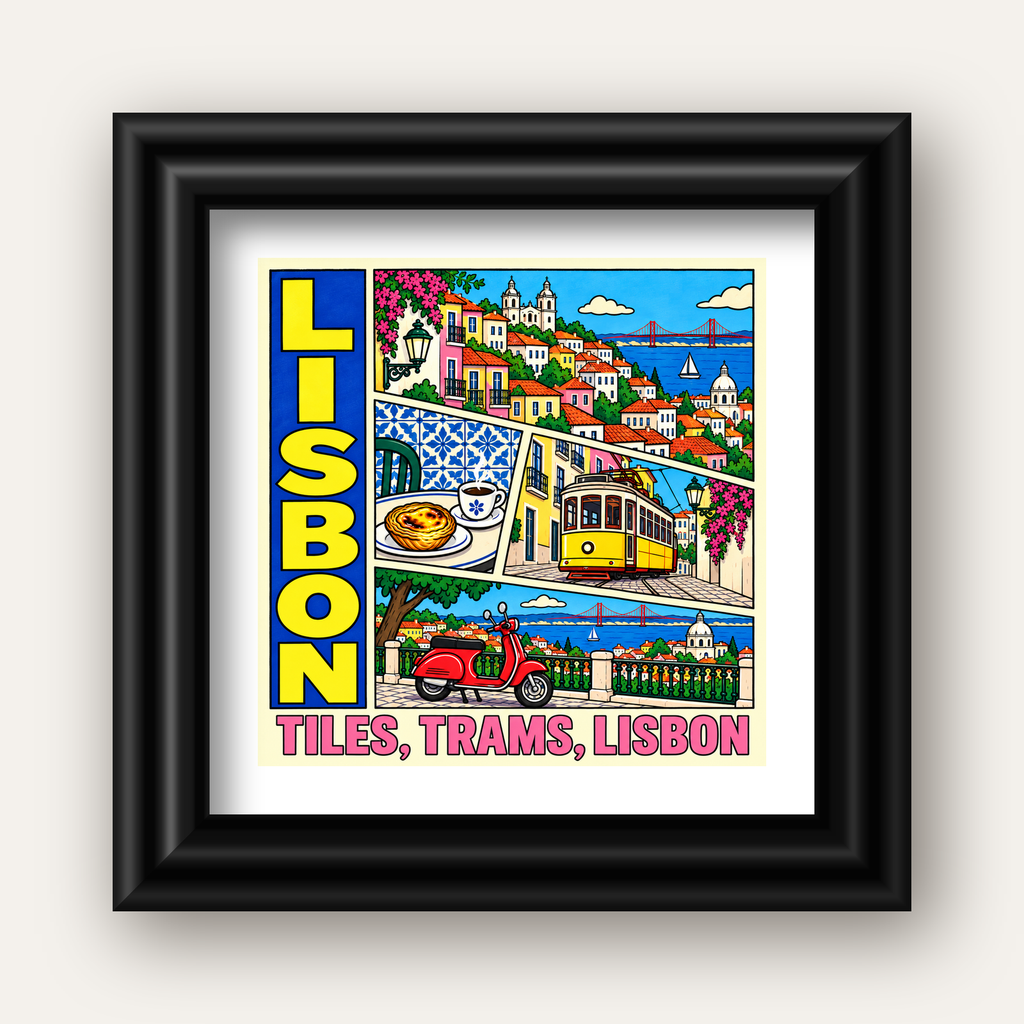 Lizbon Şehri Manzarası Çizgi Roman Stil Poster — siyah galeri çerçeveli paspartulu