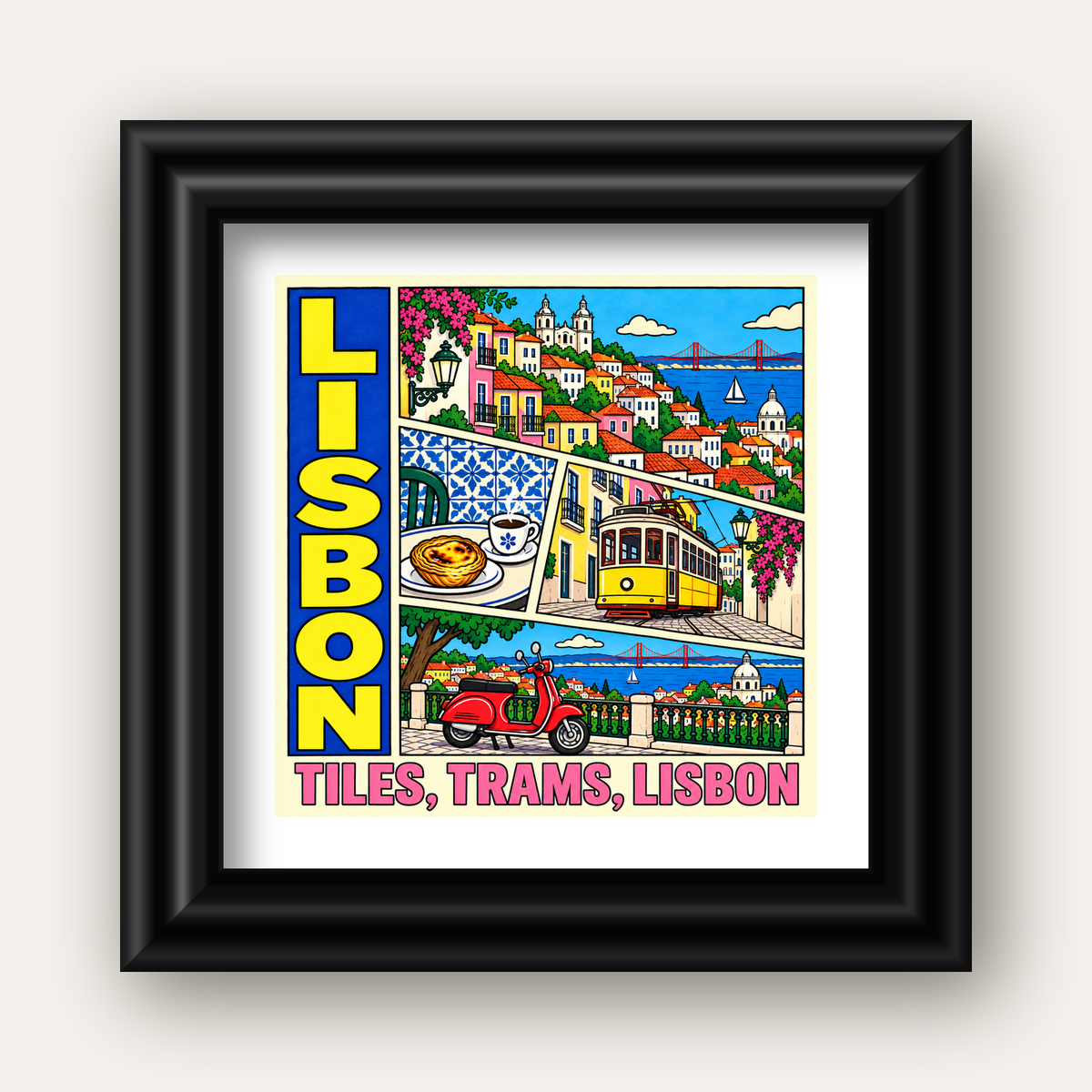 Lizbon Şehri Manzarası Çizgi Roman Stil Poster — siyah galeri çerçeveli paspartulu