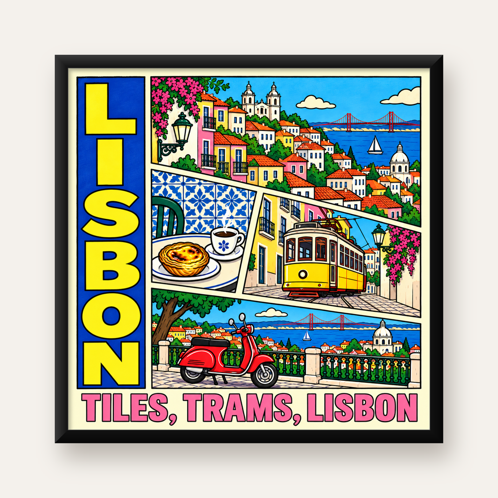 Lizbon Şehri Manzarası Çizgi Roman Stil Poster — Kare baskı, düz siyah çerçeveli duvar posteri