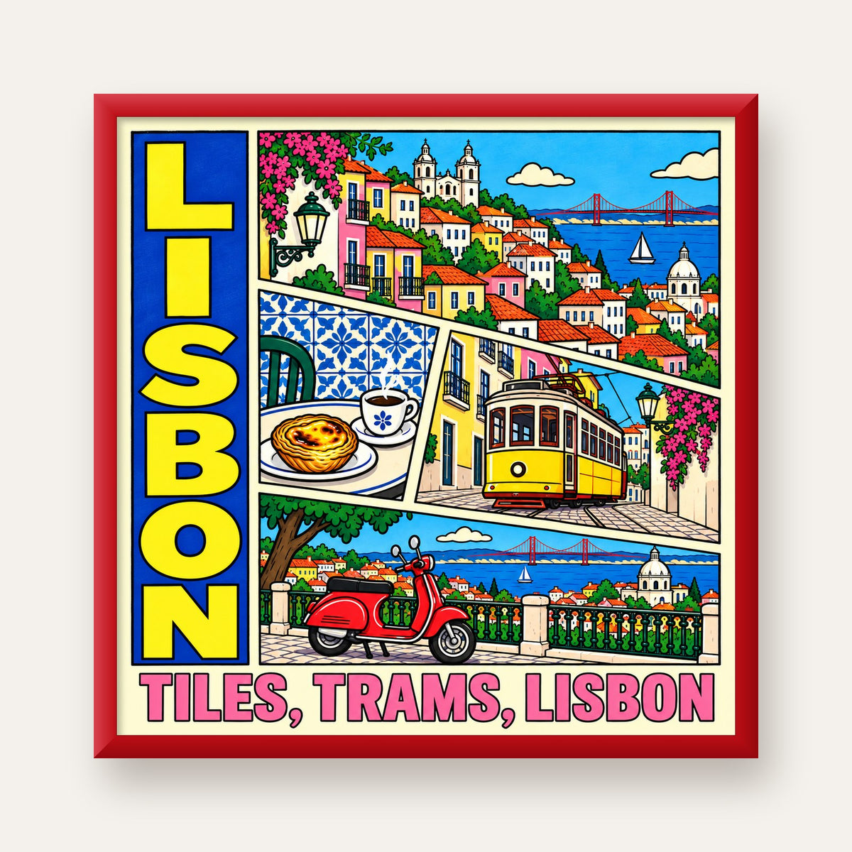 Lizbon Şehri Manzarası Çizgi Roman Stil Poster — kırmızı çerçeveli